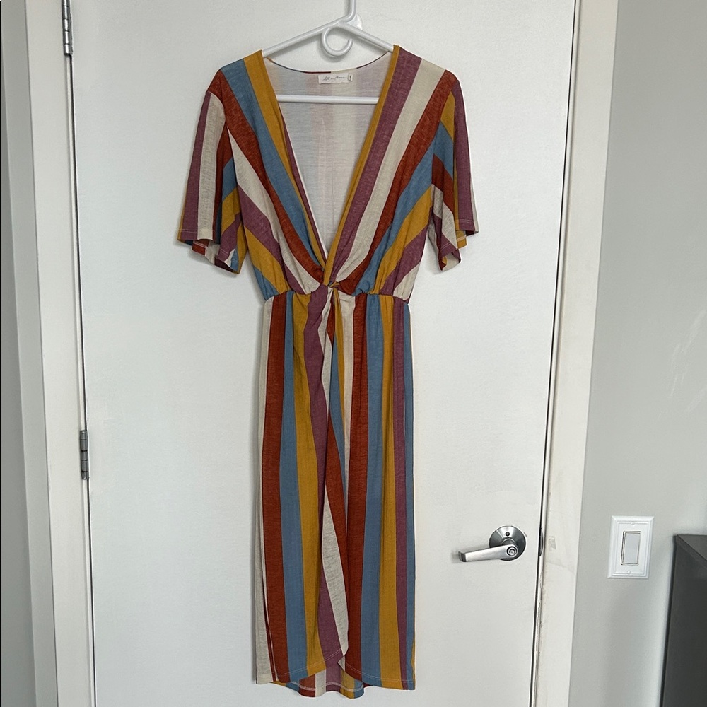 All in Favor Multi-Stripe V-Neck Midi Dress in Rust, Mustard & Blue